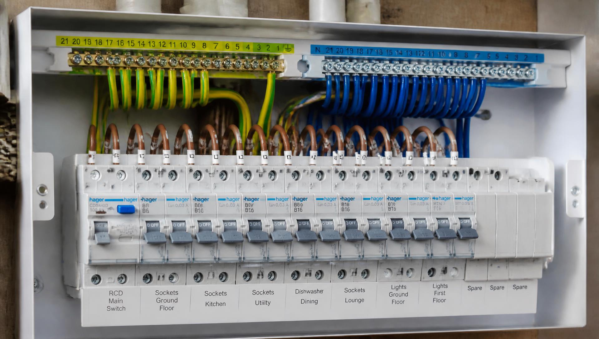 UK electrician working on a modern consumer unit
